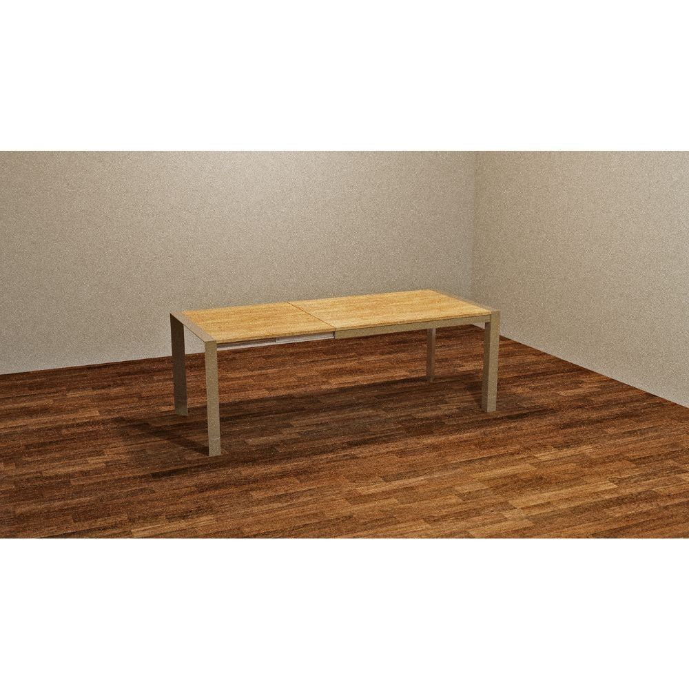 tavolo rettangolare allungabile golia 130x80 struttura tortora e piano rovere shimo, dettaglio della superficie allungata e gambe robuste
