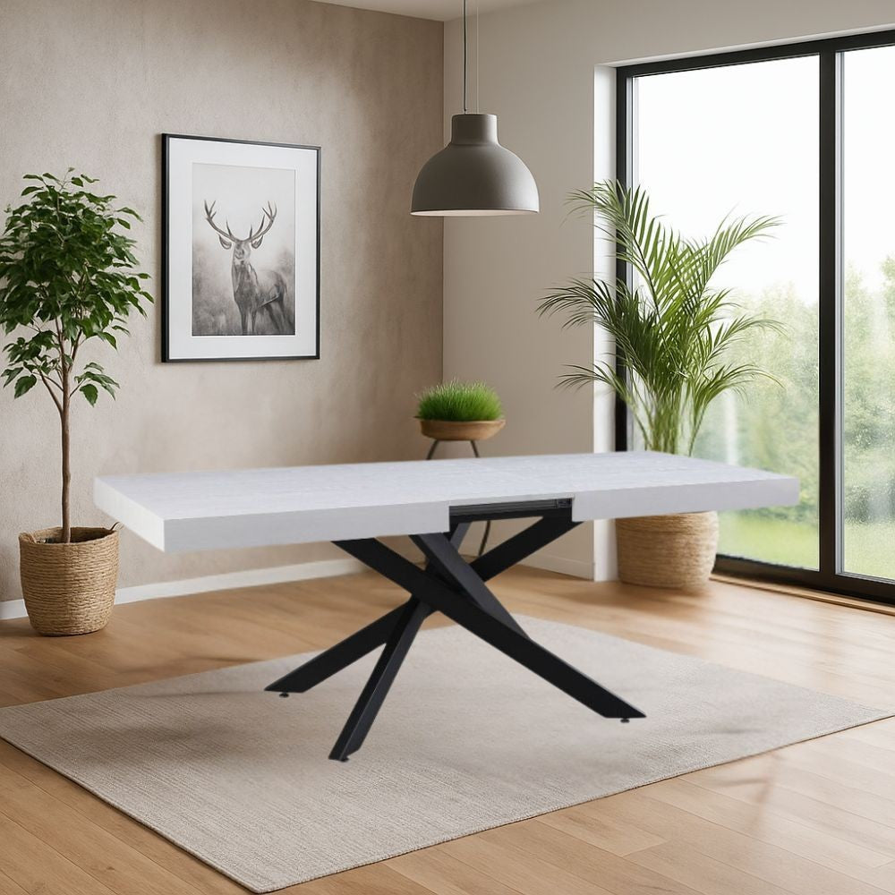 tavolo belinda allungabile piano impiallacciato legno colore bianco frassinato e struttura colore nero, tavolo rettangolare ampio per cucina o soggiorno