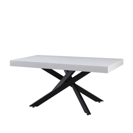 tavolo belinda allungabile piano impiallacciato legno colore bianco frassinato e struttura colore nero, dettaglio della superficie allungata e gambe robuste