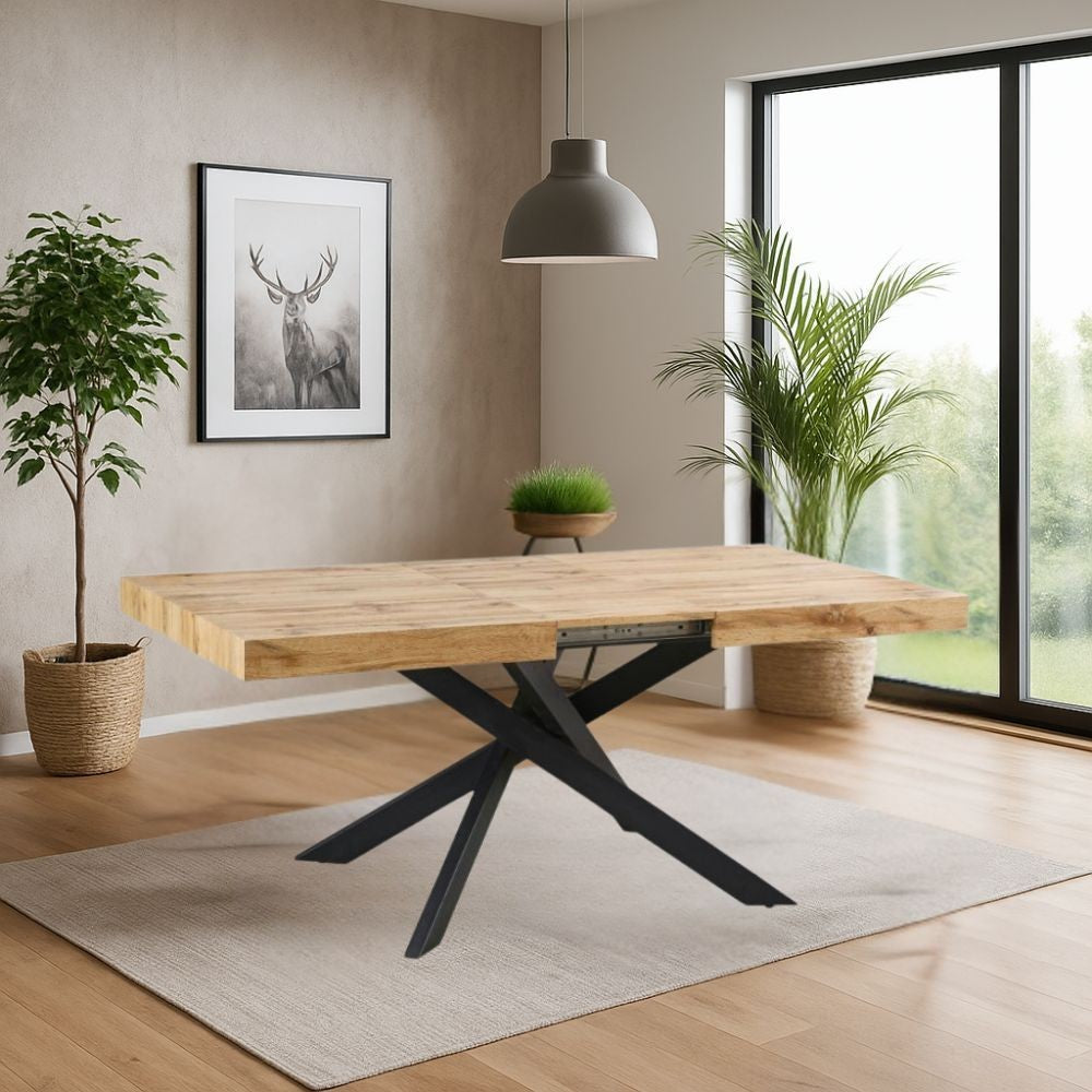 tavolo belinda allungabile piano colore rovere e struttura colore nero, tavolo rettangolare ampio per cucina o soggiorno