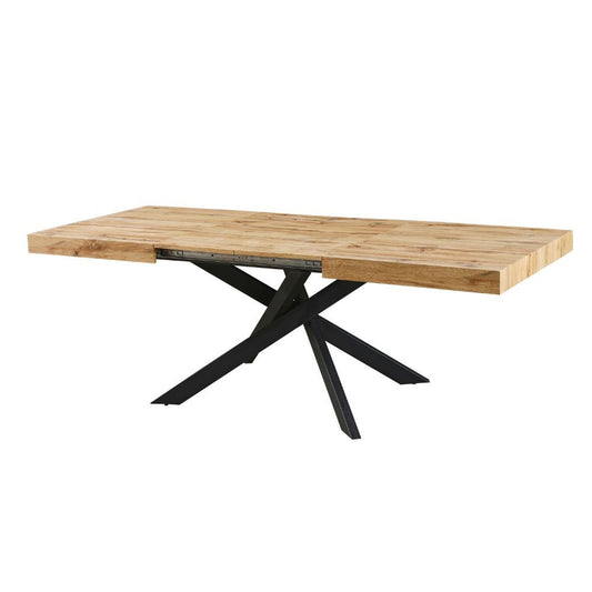 tavolo belinda allungabile piano colore rovere e struttura colore nero, dettaglio della superficie allungata e gambe robuste