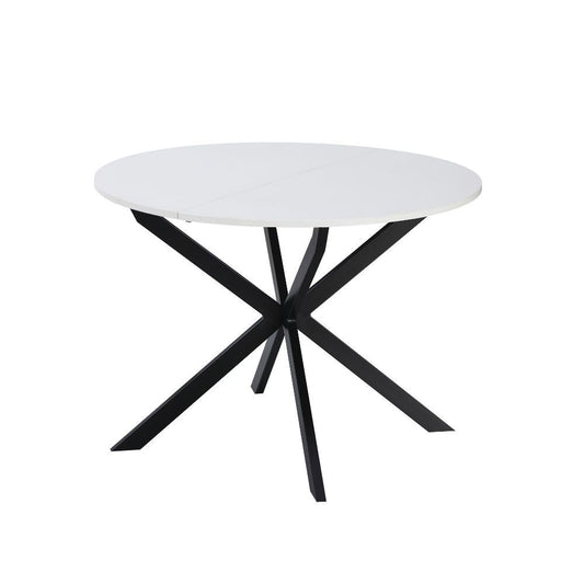 tavolo rotondo allungabile rut con piano colore bianco e gambe in metallo nero, dettaglio del piano circolare e supporto centrale