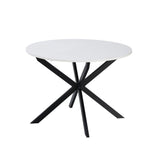 tavolo rotondo allungabile rut con piano colore bianco e gambe in metallo nero, dettaglio del piano circolare e supporto centrale