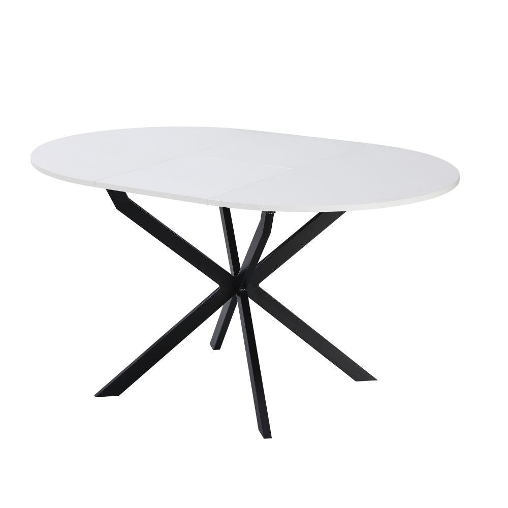 tavolo rotondo allungabile rut con piano colore bianco e gambe in metallo nero, vista ambientata in sala da pranzo elegante