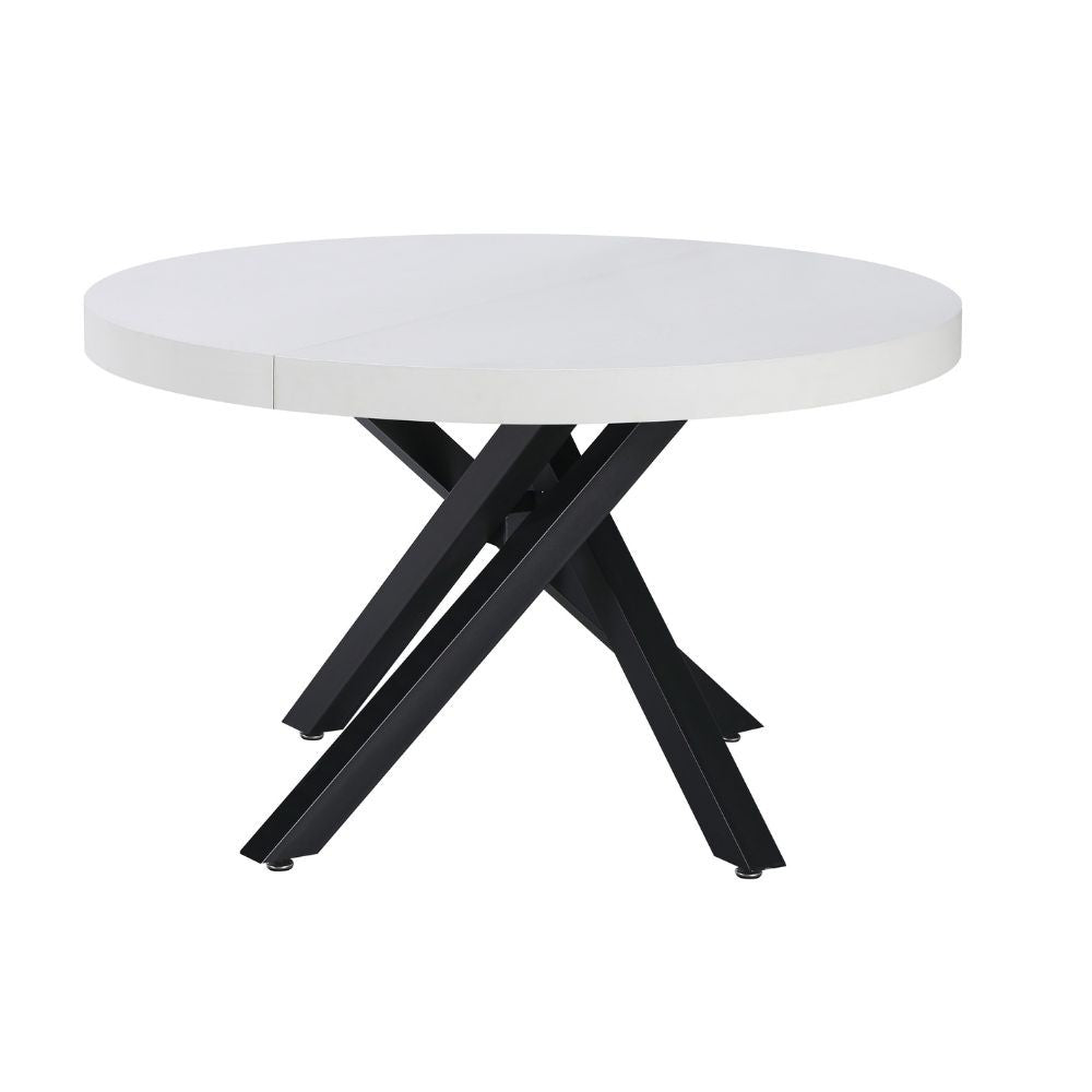 tavolo allungabile raven con piano colore bianco opaco e gambe in metallo nero, dettaglio del piano circolare e supporto centrale