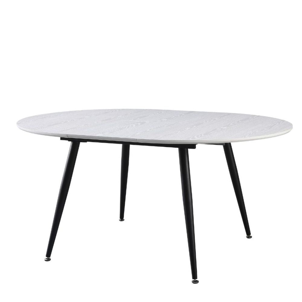 tavolo cordelia allungabile colore piano bianco gambe colore nero, dettaglio del piano circolare e supporto centrale