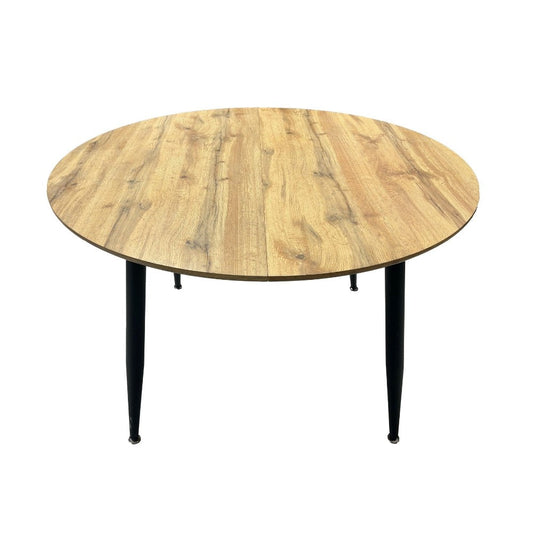 tavolo cordelia allungabile colore piano rovere gambe colore nero, tavolo rotondo ideale per conversazioni conviviali