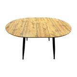 tavolo cordelia allungabile colore piano rovere gambe colore nero, dettaglio del piano circolare e supporto centrale