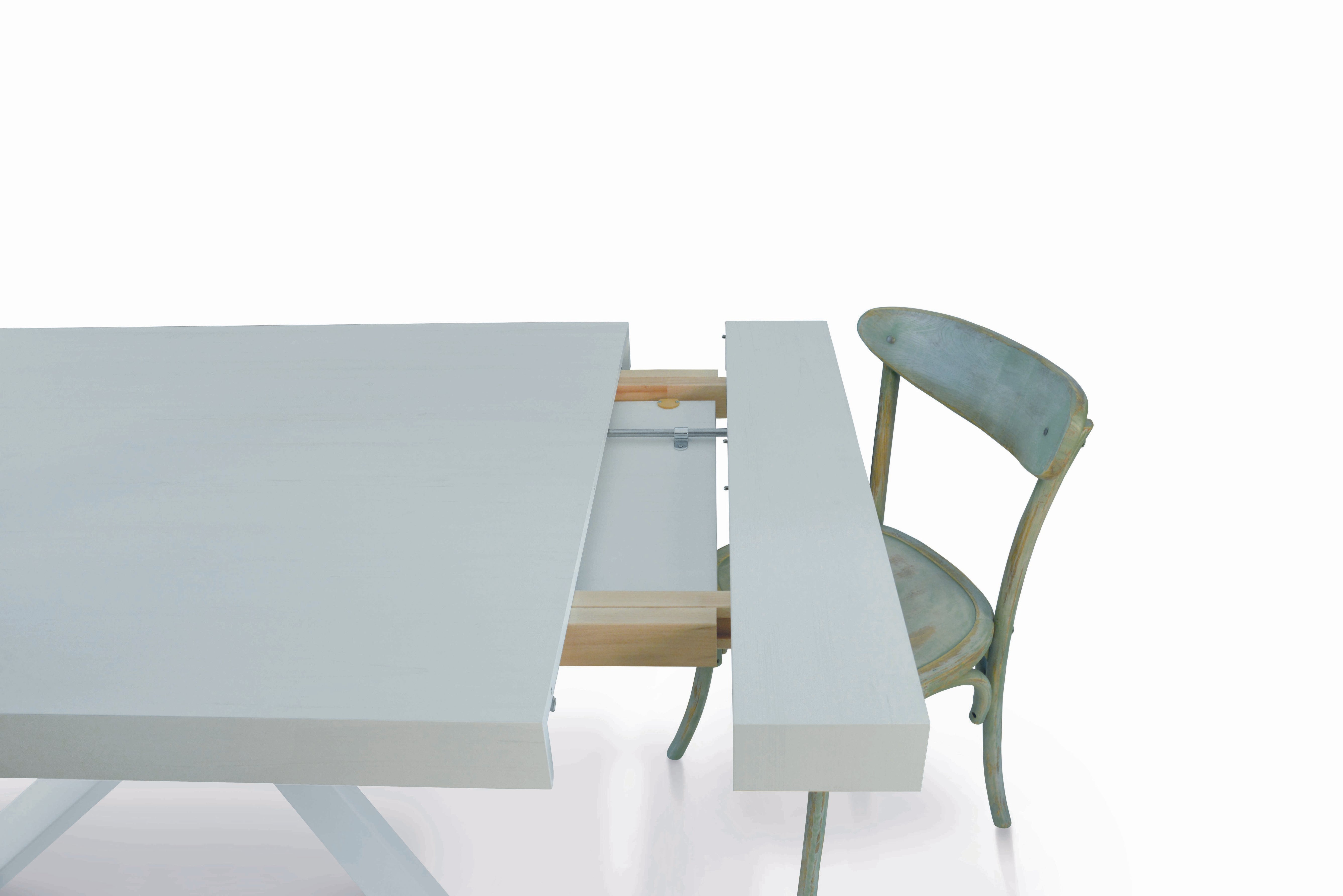 tavolo trastevere in legno nobilitato bianco consumato allungabile 160×90 cm – 260×90 cm (gambe incrociate), dettaglio della...