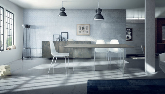 tavolo parioli massello rovere nodato e vetro sp. 4 250×100 cm (beton), tavolo elegante adatto a sala da pranzo o cucina