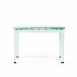 tavolo rapallo in metallo bianco con piano in vetro allungabile 110×70 cm, vista ambientata con sedie abbinate