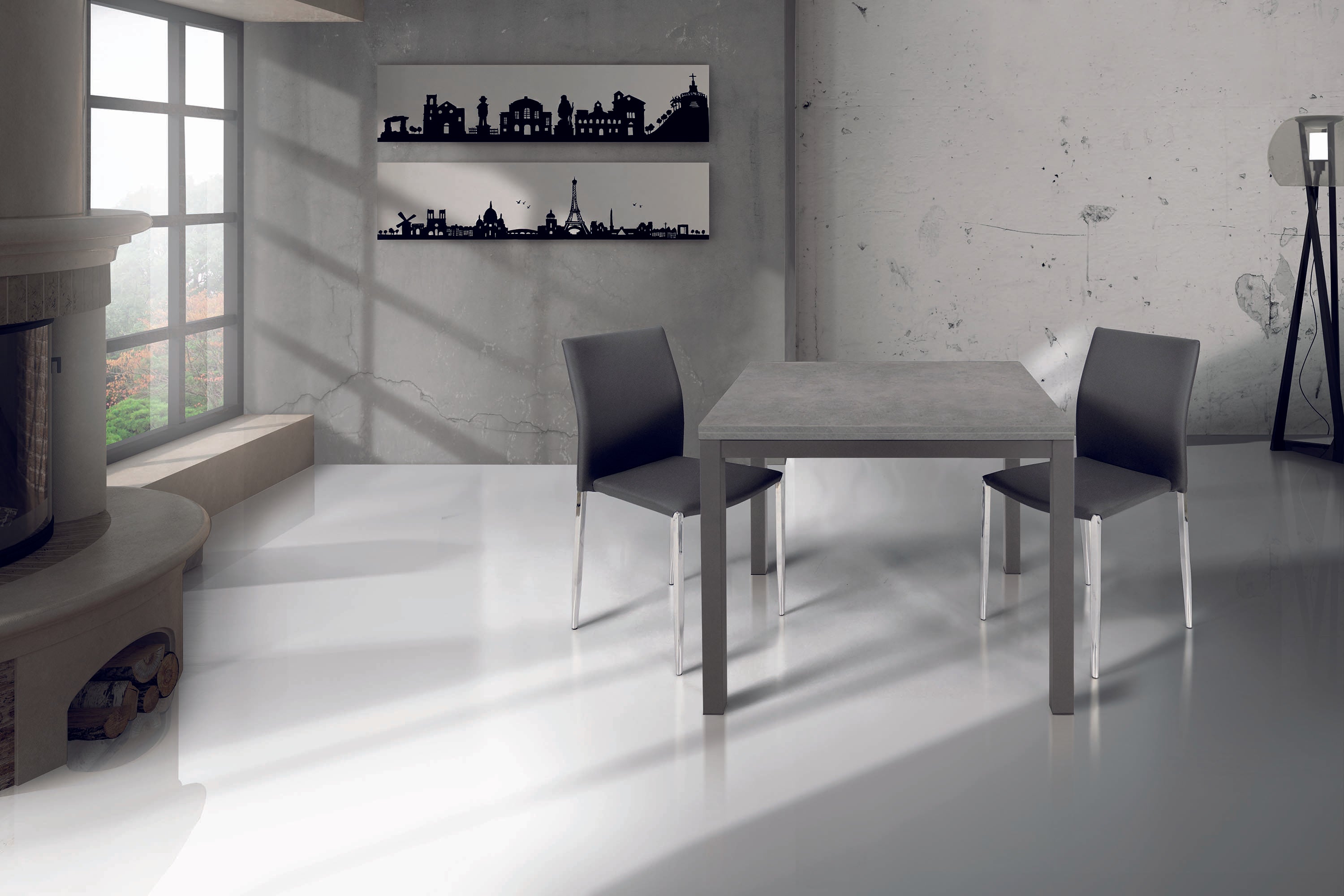 tavolo sanremo in metallo e cemento grigio allungabile a libro 90×90 cm – 180×90 cm, ideale per ospitare pranzi o riunioni