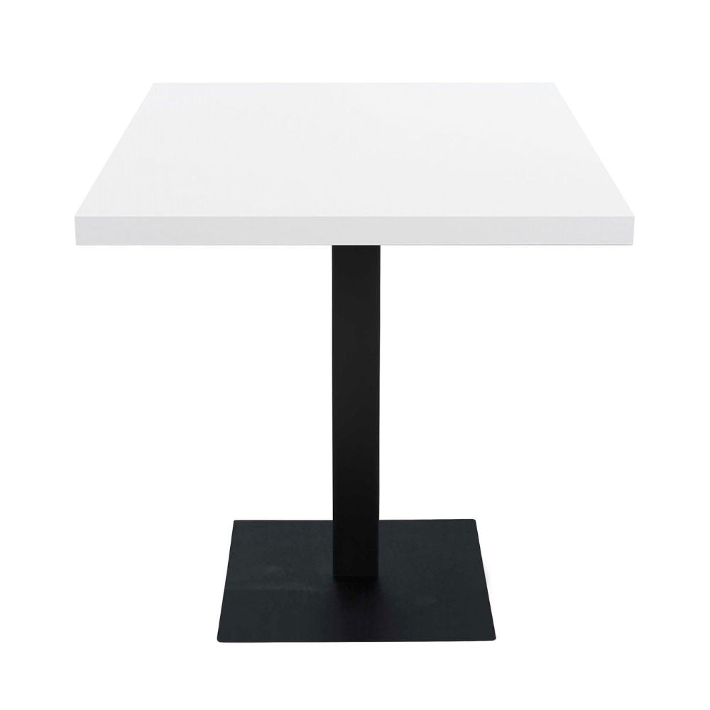 tavolo quadrato key 80x80 base nera e piano bianco, dettaglio della superficie e delle gambe robuste