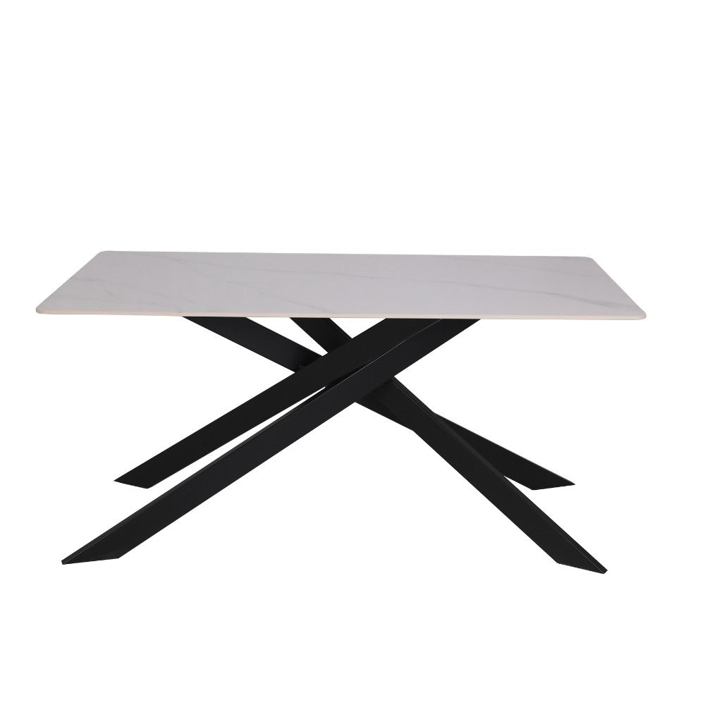 tavolo star con piano in ceramica effetto marmo bianco lucido e gambe nere, ideale per ospitare numerosi commensali