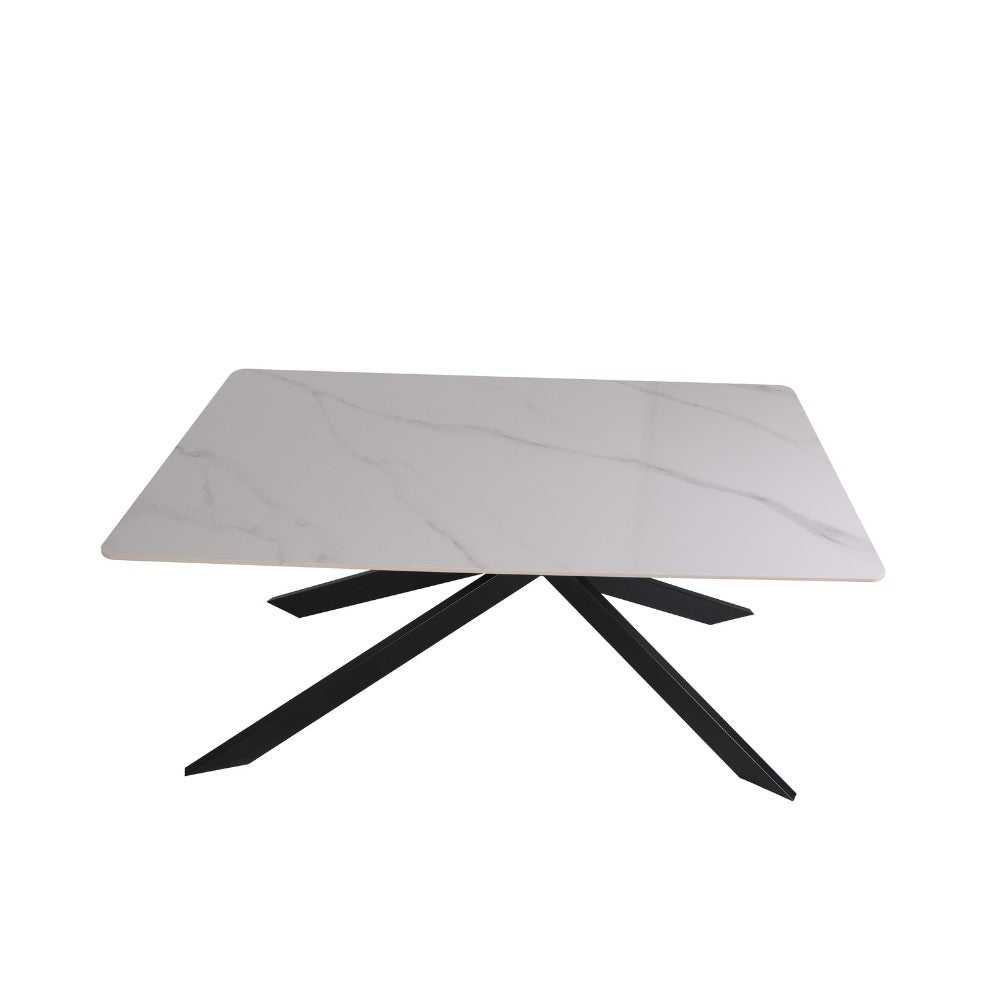 tavolo star con piano in ceramica effetto marmo bianco lucido e gambe nere, linee eleganti per arredamenti contemporanei