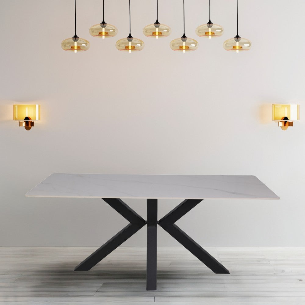 tavolo solid 180x90 piano ceramica effetto marmo bianco lucido e gambe nere, tavolo rettangolare ampio per cucina o soggiorno