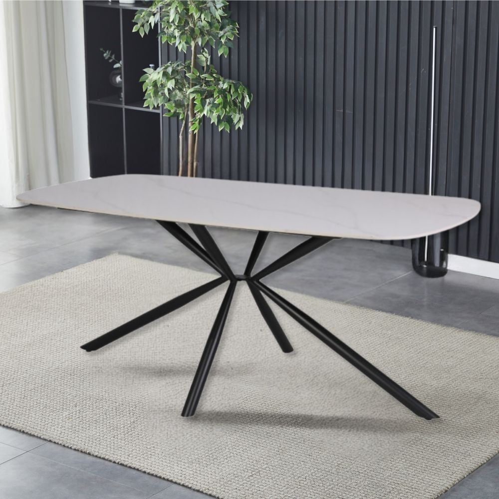 tavolo style fisso con piano in ceramica effetto marmo bianco lucido con gambe nere, tavolo rettangolare ampio per cucina o soggiorno