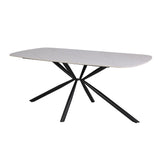 tavolo style fisso con piano in ceramica effetto marmo bianco lucido con gambe nere, vista ambientata in spazi open space moderni