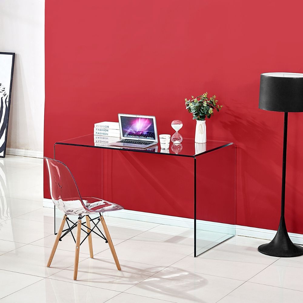 tavolo scrivania tamerice in vetro temperato 125x70x75 cm., tavolo rettangolare ampio per cucina o soggiorno