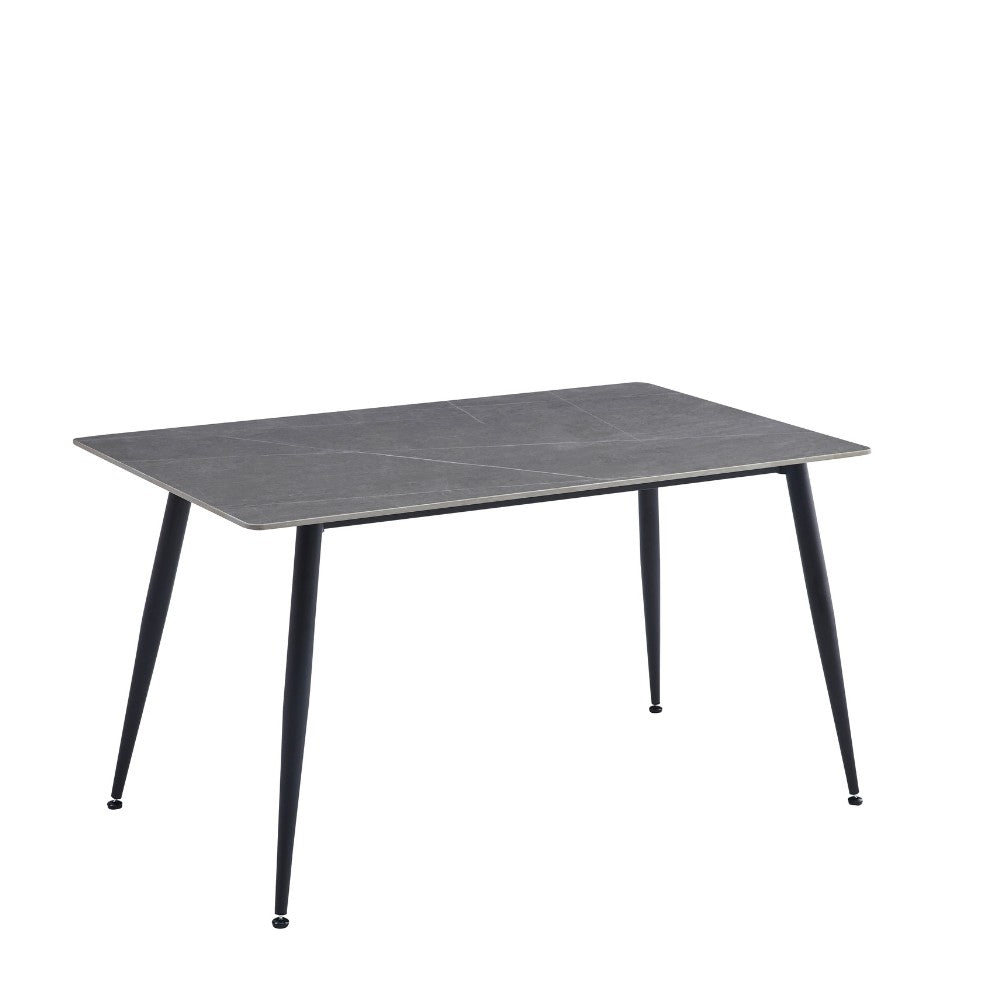 tavolo mila 140x80 con top in ceramica effetto marmo grigio opaco e gambe in metallo nero, linee eleganti per arredamenti contemporanei