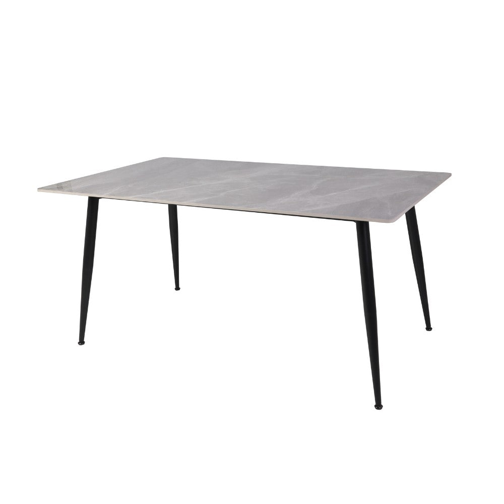 tavolo mila 160x90 top in ceramica effetto marmo grigio lucido con gambe in metallo nero, ideale per ospitare numerosi commensali