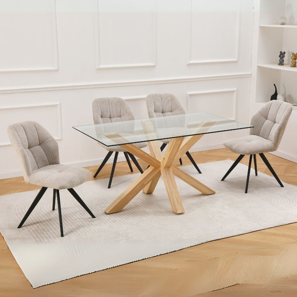 tavolo in vetro temperato beia con gambe in legno, tavolo rettangolare ampio per cucina o soggiorno