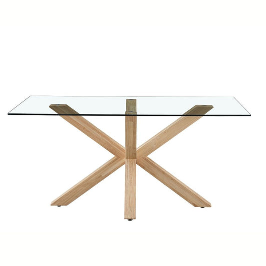 tavolo in vetro temperato beia con gambe in legno, dettaglio della superficie allungata e gambe robuste