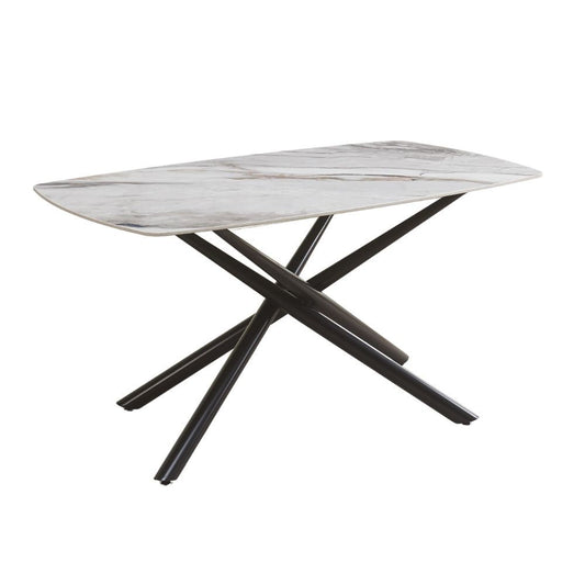 tavolo fisso linus con piano in ceramica effetto marmo grigio lucido e gambe in metallo nero, dettaglio della superficie allungata e gambe robuste