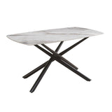 tavolo fisso linus con piano in ceramica effetto marmo grigio lucido e gambe in metallo nero, dettaglio della superficie allungata e gambe robuste