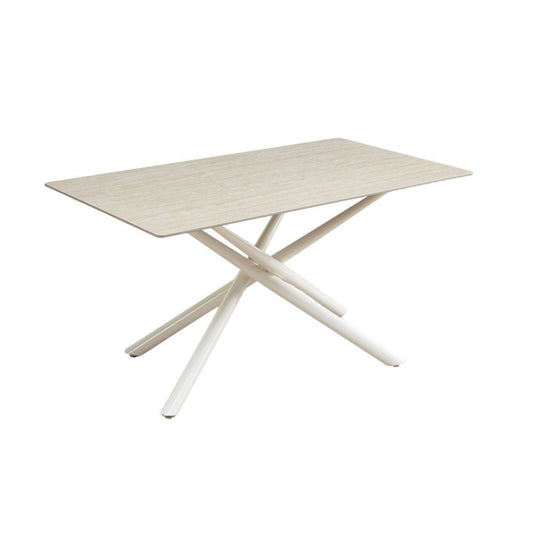 tavolo fisso sand con piano in ceramica beige opaco e struttura in metallo bianco, dettaglio della superficie allungata e gambe robuste