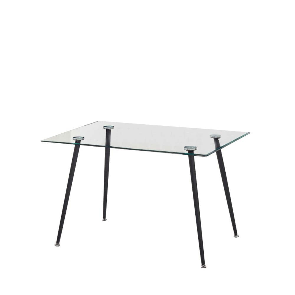 tavolo setfull in cristallo temperato 120x80x85h, dettaglio della superficie allungata e gambe robuste