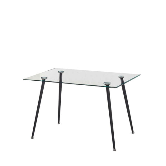 tavolo setfull in cristallo temperato 120x80x85h, dettaglio della superficie allungata e gambe robuste