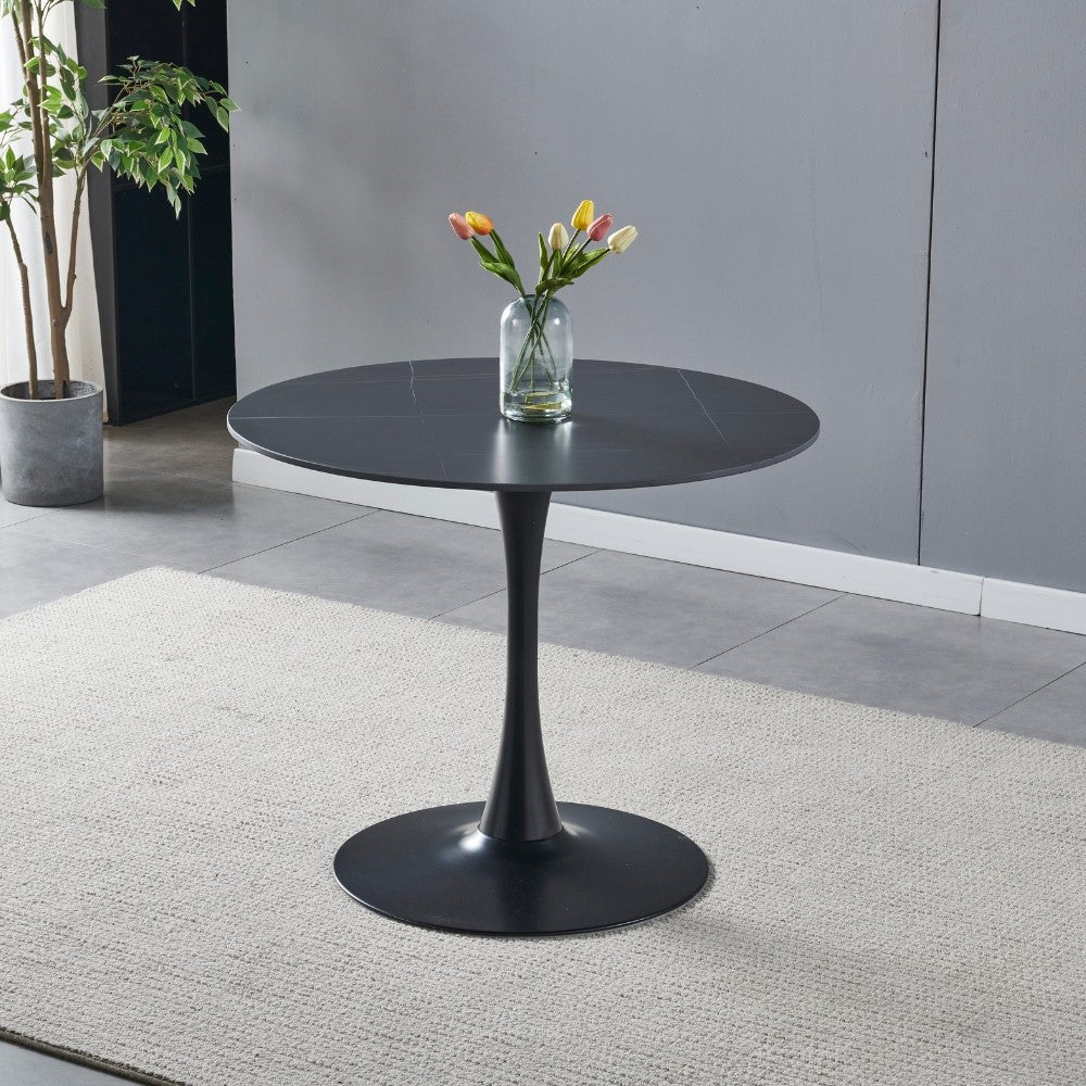 tavolo rotondo dot con piano in ceramica effetto marmo nero opaco con particolari oro e gamba nera, tavolo rotondo ideale per conversazioni conviviali