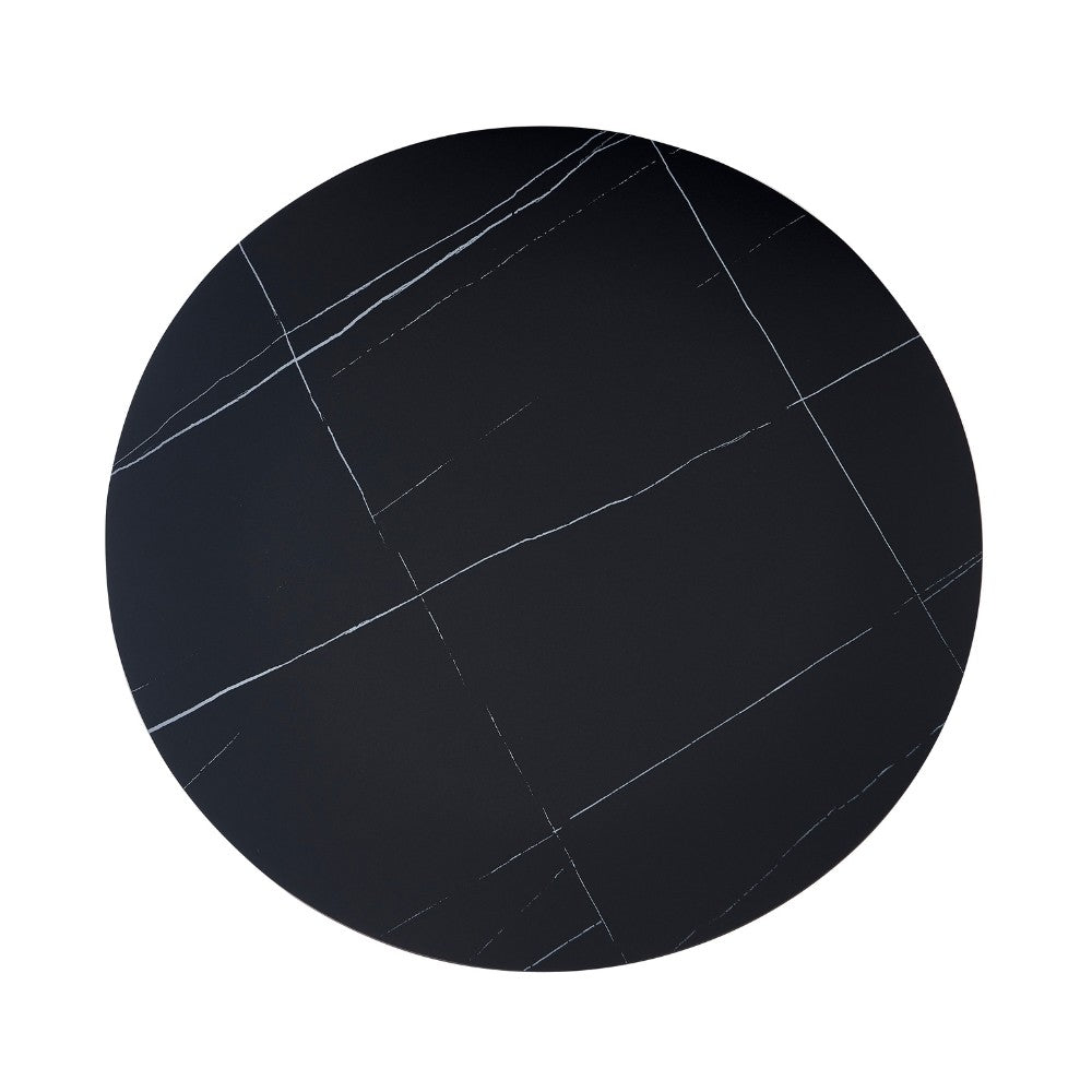 tavolo rotondo dot con piano in ceramica effetto marmo nero opaco con particolari oro e gamba nera, design compatto ma funzionale