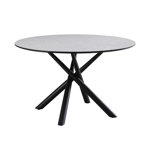 tavolo tondo logan con piano cemento e gambe in metallo nero φ120*76.5 cm., dettaglio del piano circolare e supporto centrale