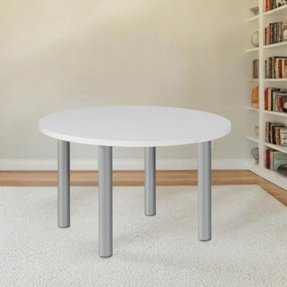 tavolo tondo manila con gambe in acciaio verniciato alluminio e piano colore bianco 90x90 cm., tavolo rotondo ideale per conversazioni conviviali