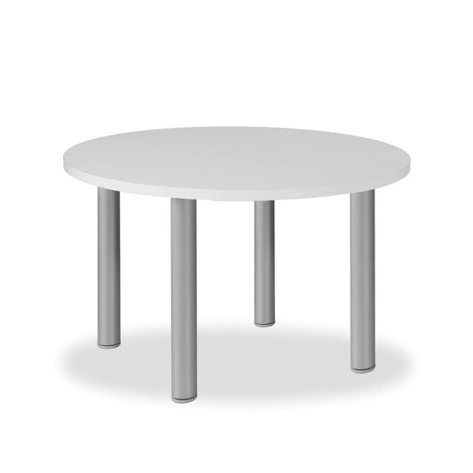 tavolo tondo manila con gambe in acciaio verniciato alluminio e piano colore bianco 90x90 cm., dettaglio del piano circolare e supporto centrale