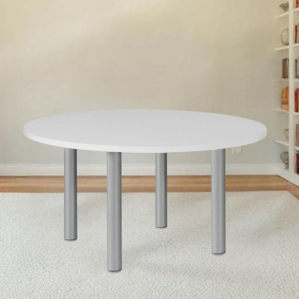 tavolo tondo manila con gambe in acciaio verniciato alluminio e piano colore bianco 120x120 cm., tavolo rotondo ideale per conversazioni conviviali