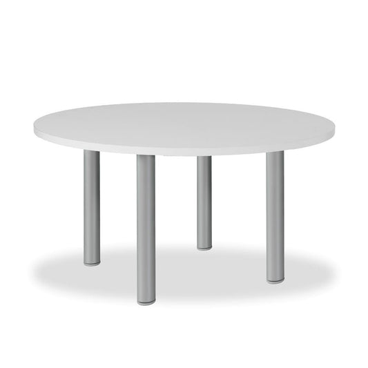 tavolo tondo manila con gambe in acciaio verniciato alluminio e piano colore bianco 120x120 cm., dettaglio del piano circolare e supporto centrale