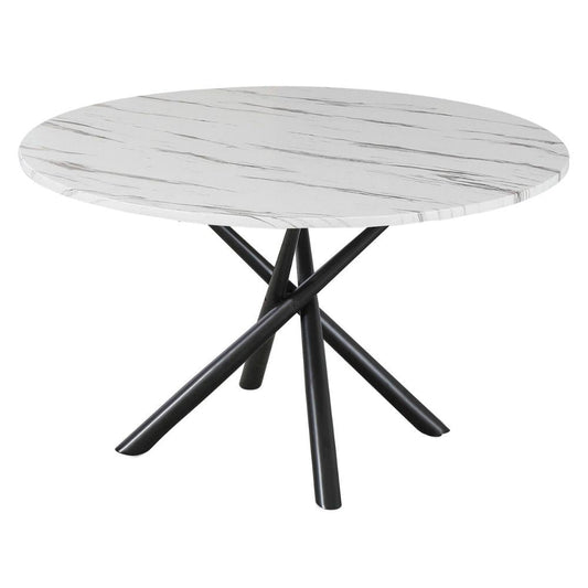 tavolo umbriel piano effetto marmo opaco e struttura in metallo nero, dettaglio del piano circolare e supporto centrale
