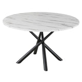 tavolo umbriel piano effetto marmo opaco e struttura in metallo nero, dettaglio del piano circolare e supporto centrale