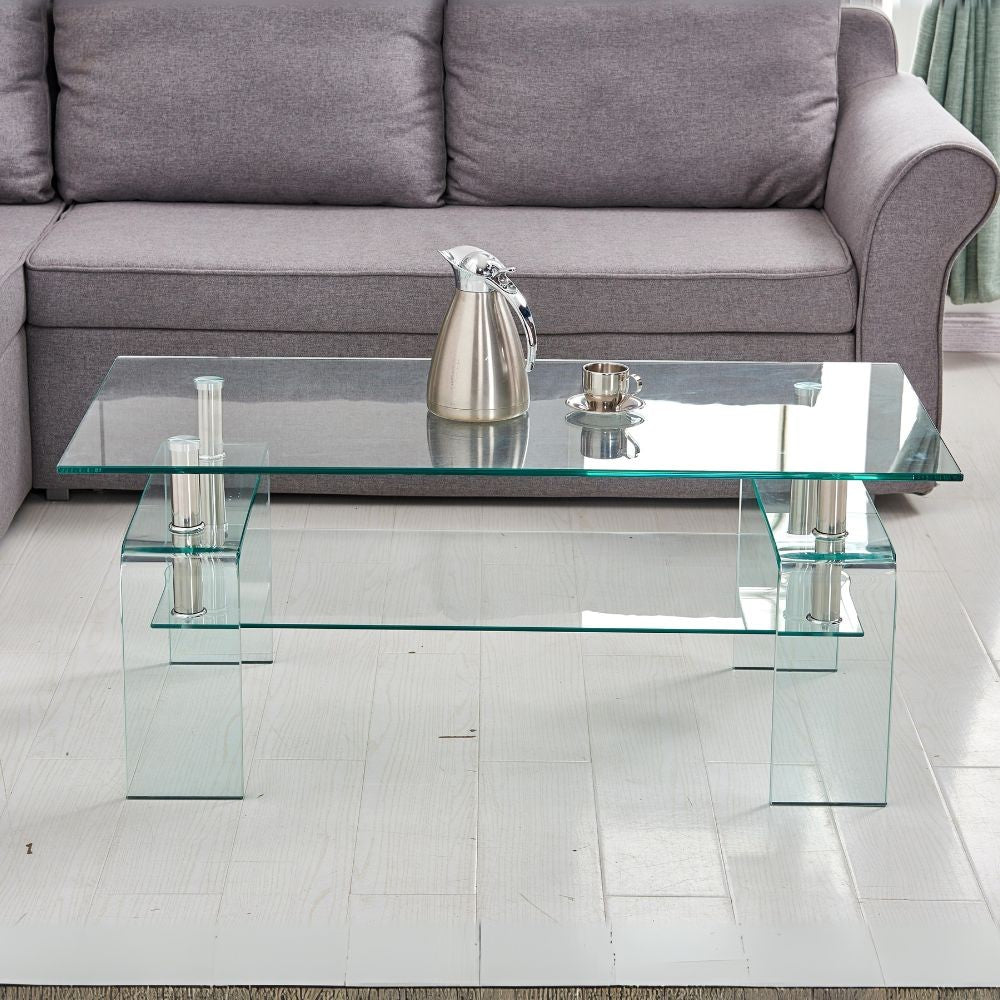 tavolino gelso con doppio piano in vetro temperato 100x55x44 h cm., tavolino da salotto elegante e pratico