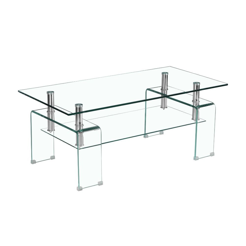 tavolino gelso con doppio piano in vetro temperato 100x55x44 h cm., ambientato con divani moderni o classici