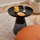 tavolino tiglio con base in vetro temperato e piano in ferro colore nero d 60 x h 43 cm., dettaglio della superficie e gambe di design