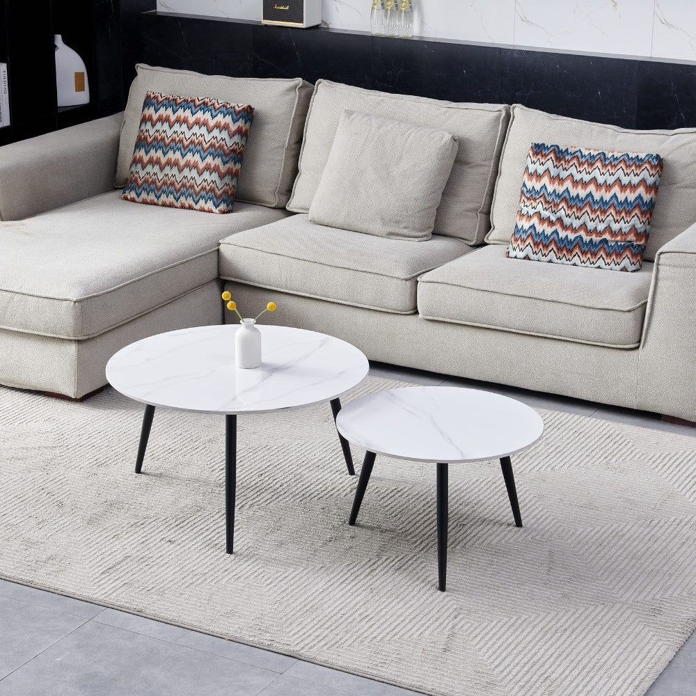 set 2 tavolini da salotto bicolor con piano in ceramica effetto marmo bianco lucido e gambe nere, tavolino da salotto elegante e pratico