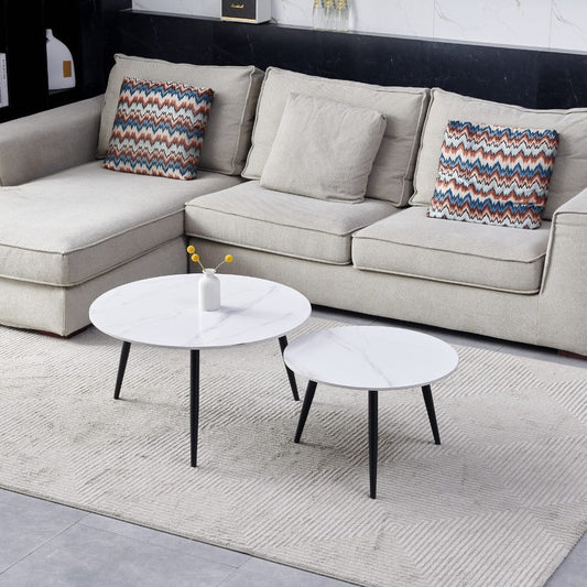 set 2 tavolini da salotto bicolor con piano in ceramica effetto marmo bianco lucido e gambe nere, tavolino da salotto elegante e pratico