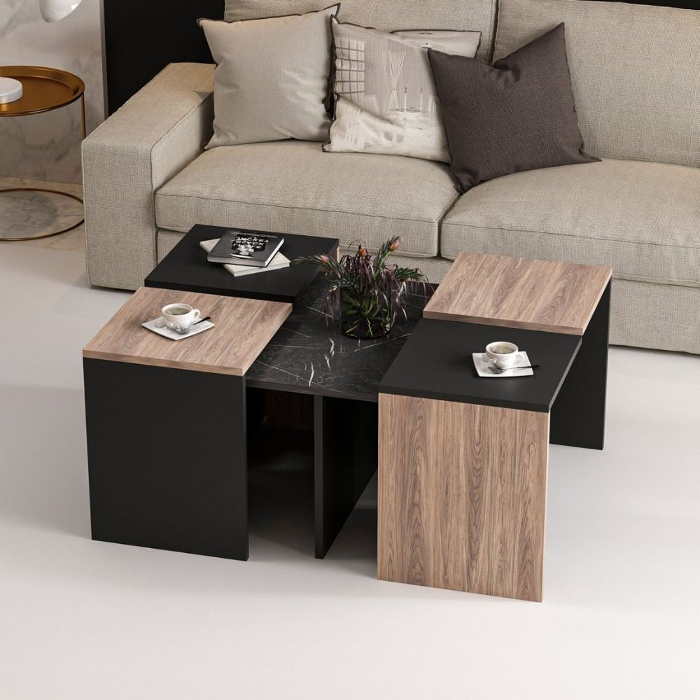 set tavolini da salotto owentav nero e noce nucleo effetto marmo, dettaglio della superficie e gambe di design