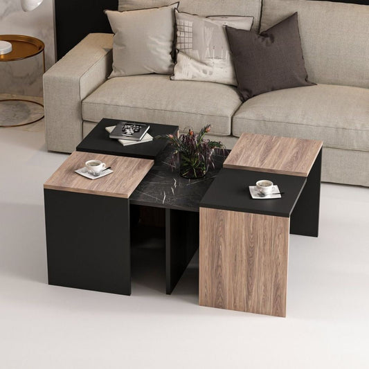 set tavolini da salotto owentav nero e noce nucleo effetto marmo, dettaglio della superficie e gambe di design