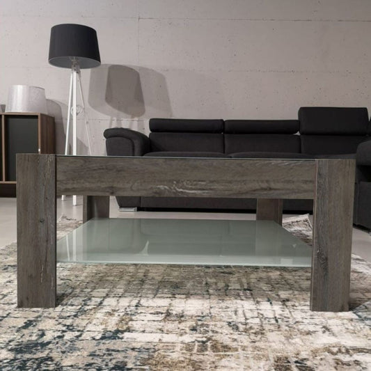 tavolino da salotto dark coffee con doppio ripiano in vetro homy, dettaglio della superficie e gambe di design