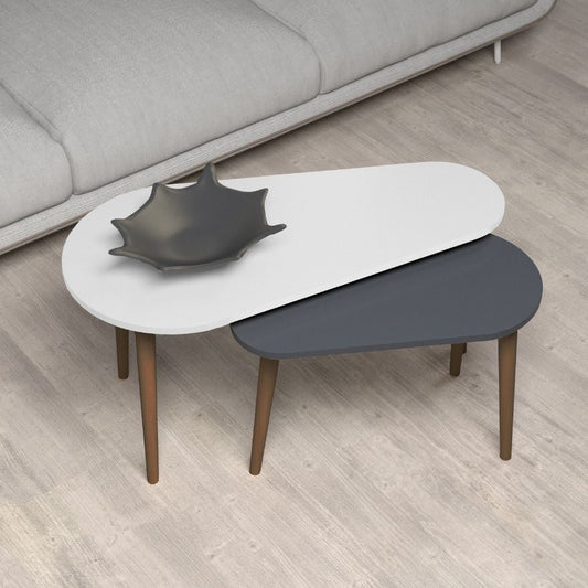 doppio tavolino pear bianco e antracite con gambe in legno, tavolino da salotto elegante e pratico